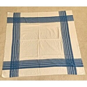 Vintage Blue White Plaid Cross Hatch Border Tablecloth 48" x 52" Cotton